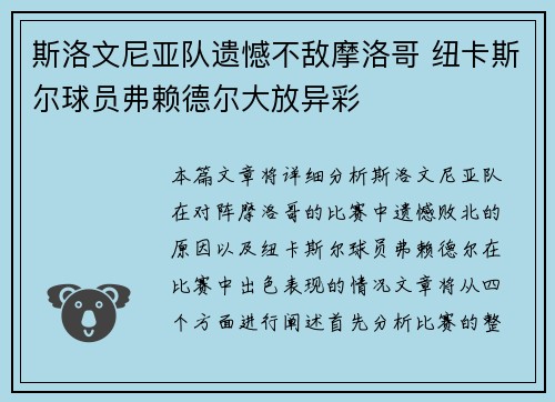 斯洛文尼亚队遗憾不敌摩洛哥 纽卡斯尔球员弗赖德尔大放异彩