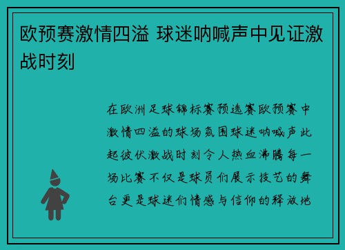 欧预赛激情四溢 球迷呐喊声中见证激战时刻