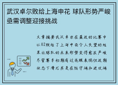 武汉卓尔败给上海申花 球队形势严峻亟需调整迎接挑战