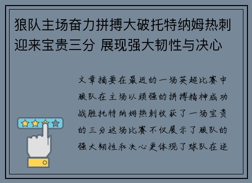 狼队主场奋力拼搏大破托特纳姆热刺迎来宝贵三分 展现强大韧性与决心