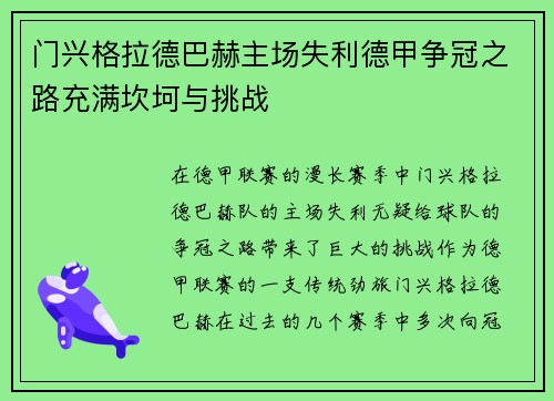 门兴格拉德巴赫主场失利德甲争冠之路充满坎坷与挑战
