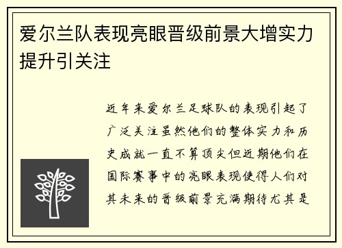 爱尔兰队表现亮眼晋级前景大增实力提升引关注