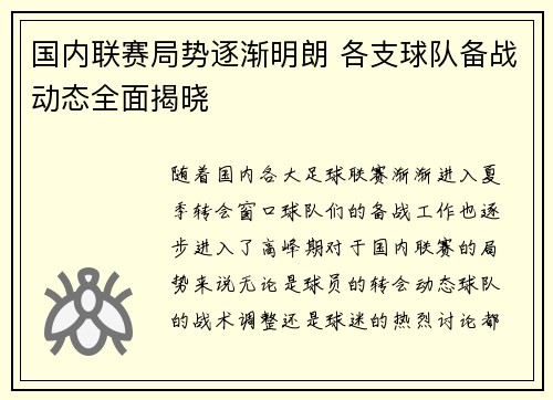 国内联赛局势逐渐明朗 各支球队备战动态全面揭晓