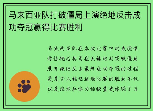 马来西亚队打破僵局上演绝地反击成功夺冠赢得比赛胜利