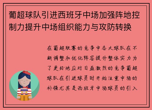葡超球队引进西班牙中场加强阵地控制力提升中场组织能力与攻防转换